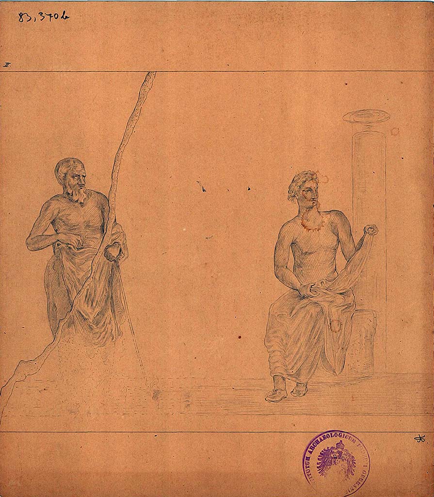 IX.8.2 Pompeii. Drawing of two philosophers, second of five sketches by A. Sikkard depicting figures of philosophers.
These would have been seen on a black background, a small trace survived in the frieze on the upper east wall.
DAIR 83.370b. Photo © Deutsches Archäologisches Institut, Abteilung Rom, Arkiv.