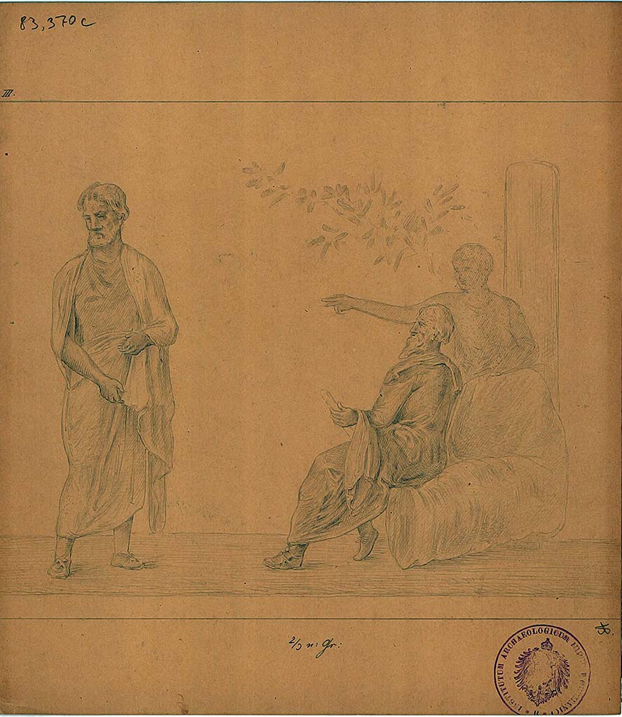 IX.8.2 Pompeii. Drawing of three philosophers, the third of five sketches by A. Sikkard depicting figures of philosophers.
These would have been seen on a black background, a small trace survived in the frieze on the upper east wall.
DAIR 83.370c. Photo © Deutsches Archäologisches Institut, Abteilung Rom, Arkiv.