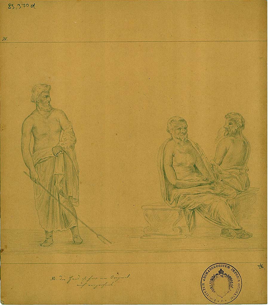 IX.8.2 Pompeii. Drawing three philosophers, the fourth of five sketches by A. Sikkard depicting figures of philosophers.
These would have been seen on a black background, a small trace survived in the frieze on the upper east wall.
DAIR 83.370d. Photo © Deutsches Archäologisches Institut, Abteilung Rom, Arkiv.
