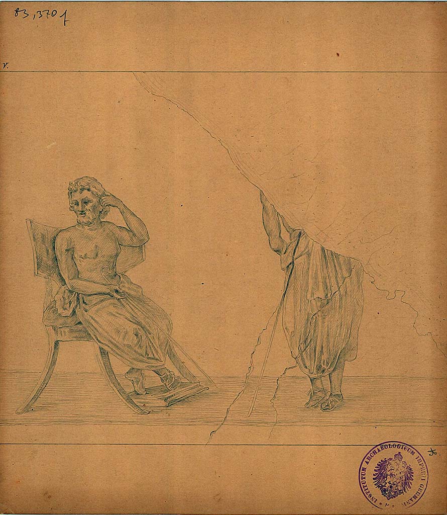 IX.8.2 Pompeii. Drawing of two philosophers, the fifth of five sketches depicting by A. Sikkard figures of philosophers.
These would have been seen on a black background, a small trace survived in the frieze on the upper east wall.
DAIR 83.370e. Photo © Deutsches Archäologisches Institut, Abteilung Rom, Arkiv.