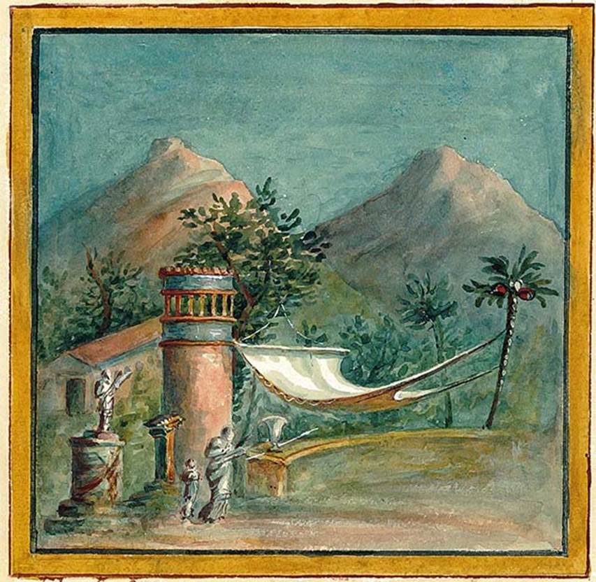 IX.8.2 Pompeii. Watercolour copy of sacred landscape from west wall.
It shows an altar with a statue of Hecate, a tower, a tree, an offering woman, a small child and a sun-shade attached to a palm-tree.
DAIR 83.369. Photo © Deutsches Archäologisches Institut, Abteilung Rom, Arkiv.
See http://arachne.uni-koeln.de/item/marbilder/5022575