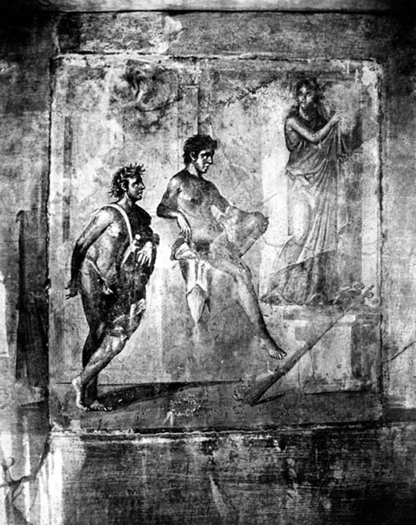 IX.8.6 Pompeii. W.1455. Room 38, south wall of triclinium, painting of Iphigenia, Oreste and Pylades in Tauris.
Photo by Tatiana Warscher. Photo  Deutsches Archologisches Institut, Abteilung Rom, Arkiv. 
