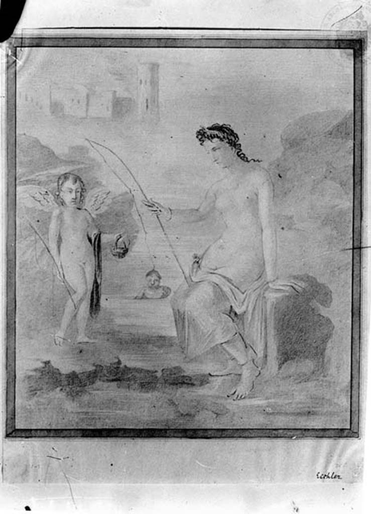 IX.8.6 Pompeii. W.1464. Room 39, drawing of wall painting of Venus fishing.
See Sogliano, A., 1879. Le pitture murali campane scoverte negli anni 1867-79. Napoli: Giannini. (p.36, no.145).
Photo by Tatiana Warscher. Photo  Deutsches Archologisches Institut, Abteilung Rom, Arkiv. 
