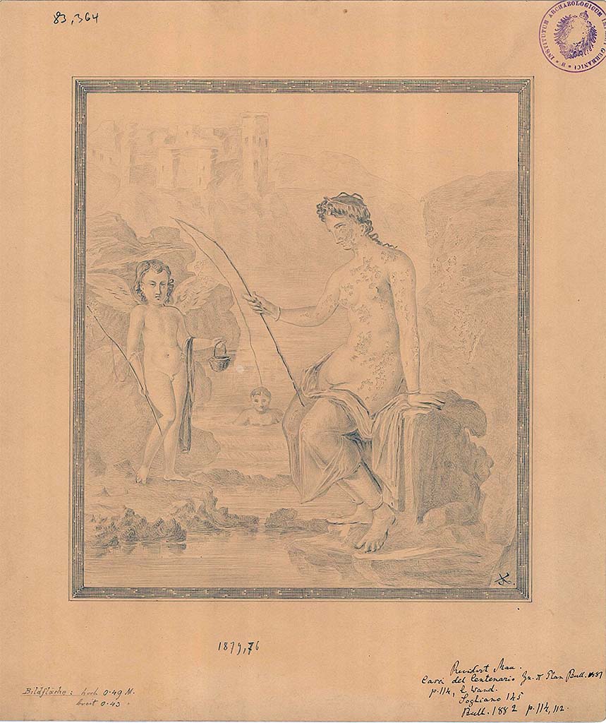 IX.8.6 Pompeii. 1879. Room 39, drawing by A. Sikkard of wall painting of Venus fishing.
DAIR 83.364. Photo  Deutsches Archologisches Institut, Abteilung Rom, Arkiv.
