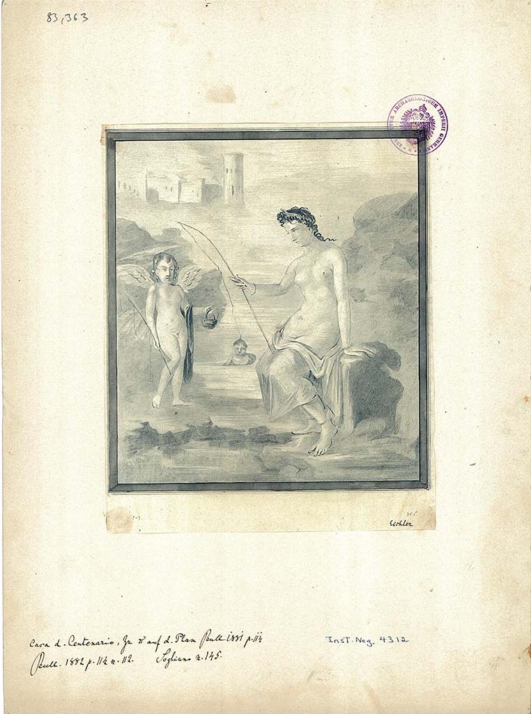 IX.8.6 Pompeii. Room 39, drawing of wall painting of Venus fishing with Cupid on the left.
DAIR 83.363. Photo  Deutsches Archologisches Institut, Abteilung Rom, Arkiv.

