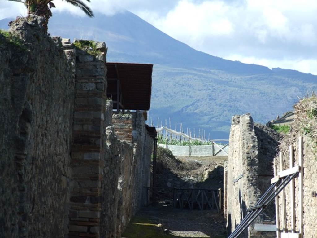 IX.9.10 Pompeii. March 2009. Roadway looking north, with Vesuvius in the background.