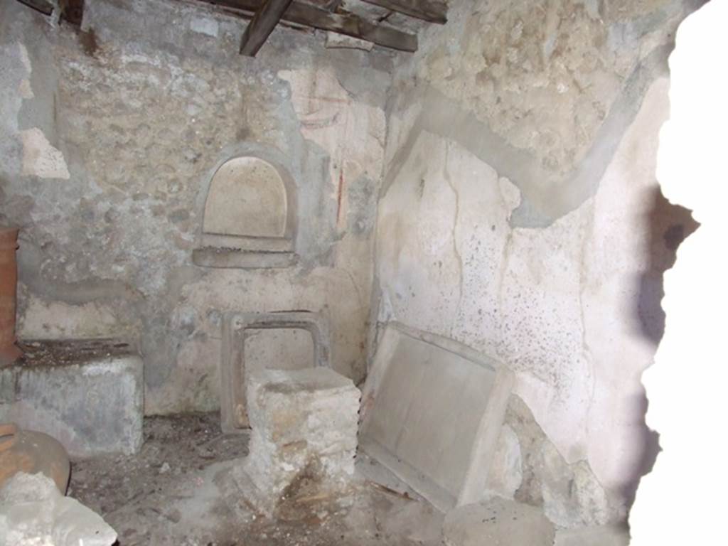 IX.9.10 Pompeii. March 2009. East wall with Niche, and in front of it a masonry altar. The niche was surrounded by a rectangular panel of white stucco marked of by red and black stripes. Above the niche was a painted double garland suspended from painted nails.