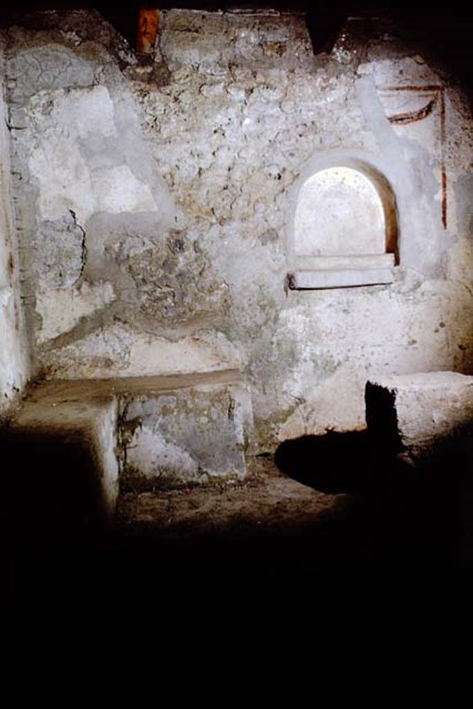 IX.9.10 Pompeii. 1966. Looking towards east wall, with niche and painted garland on the wall. Photo by Stanley A. Jashemski.
Source: The Wilhelmina and Stanley A. Jashemski archive in the University of Maryland Library, Special Collections (See collection page) and made available under the Creative Commons Attribution-Non Commercial License v.4. See Licence and use details.
J66f0342