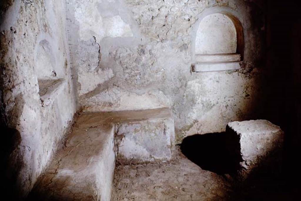 IX.9.10 Pompeii. 1966. North-east corner and east wall, with altar. Photo by Stanley A. Jashemski.
Source: The Wilhelmina and Stanley A. Jashemski archive in the University of Maryland Library, Special Collections (See collection page) and made available under the Creative Commons Attribution-Non Commercial License v.4. See Licence and use details.
J66f0348