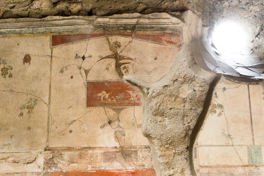 IX.9.c Pompeii. March 2023. Upper centre of east wall of cubiculum and circular window. Photo courtesy of Johannes Eber.