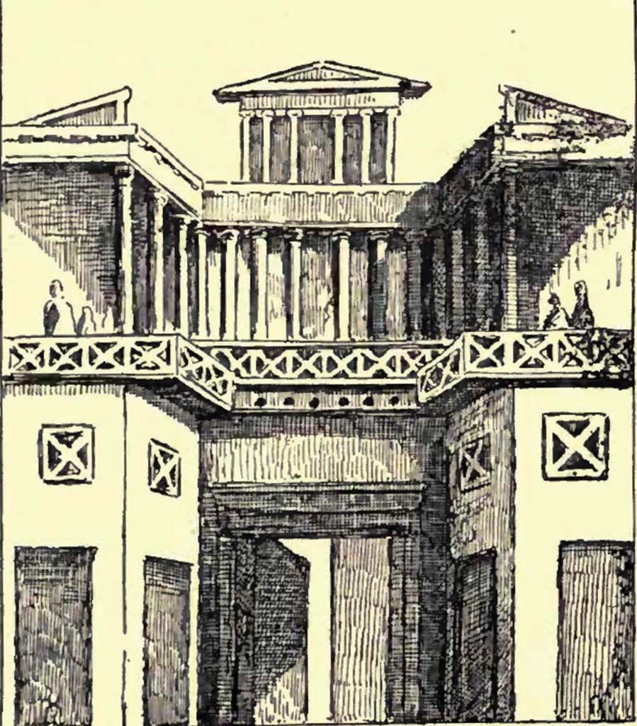 IX.9.c Pompeii. c.1900. Drawing by Pierre Gusman of a painting from the upper east end in the oecus/triclinium.
See Gusman P., 1900. Pompeii: The City, Its Life & Art. London: Heinemann, p. 260.
