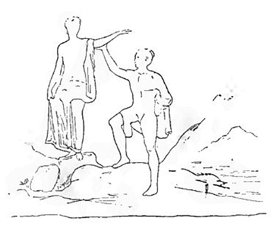 IX.9.d Pompeii. Sketch of painting of Perseus and Andromeda, found on the rear wall of the triclinium l.
See Mau, A., 1890. Mitteilungen des Kaiserlich Deutschen Archaeologischen Instituts, Roemische Abtheilung Volume V. (p. 233). Note: The insula is referred to as IX.7.