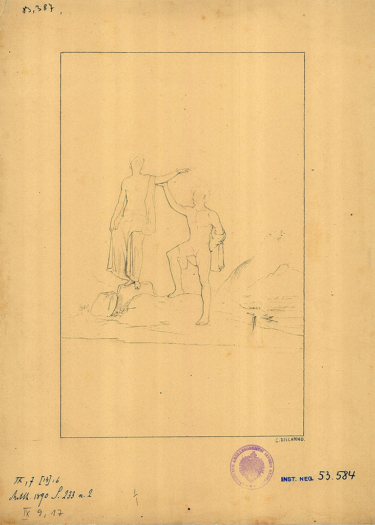 IX.9.d Pompeii. Drawing by Discanno of painting of Perseus and Andromeda, found on the rear wall of the triclinium l.
DAIR 83.387. Photo © Deutsches Archäologisches Institut, Abteilung Rom, Arkiv.