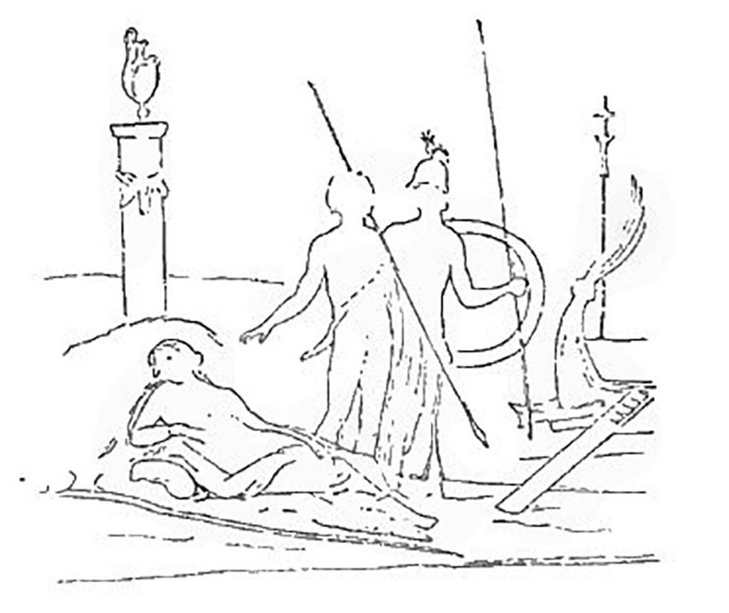IX.9.d Pompeii. Sketch of painting of Theseus abandoning Ariadne, found on the left wall of the triclinium l.
See Mau, A., 1890. Mitteilungen des Kaiserlich Deutschen Archaeologischen Instituts, Roemische Abtheilung Volume V. (p. 233-4).
Note: The insula is referred to as IX.7.