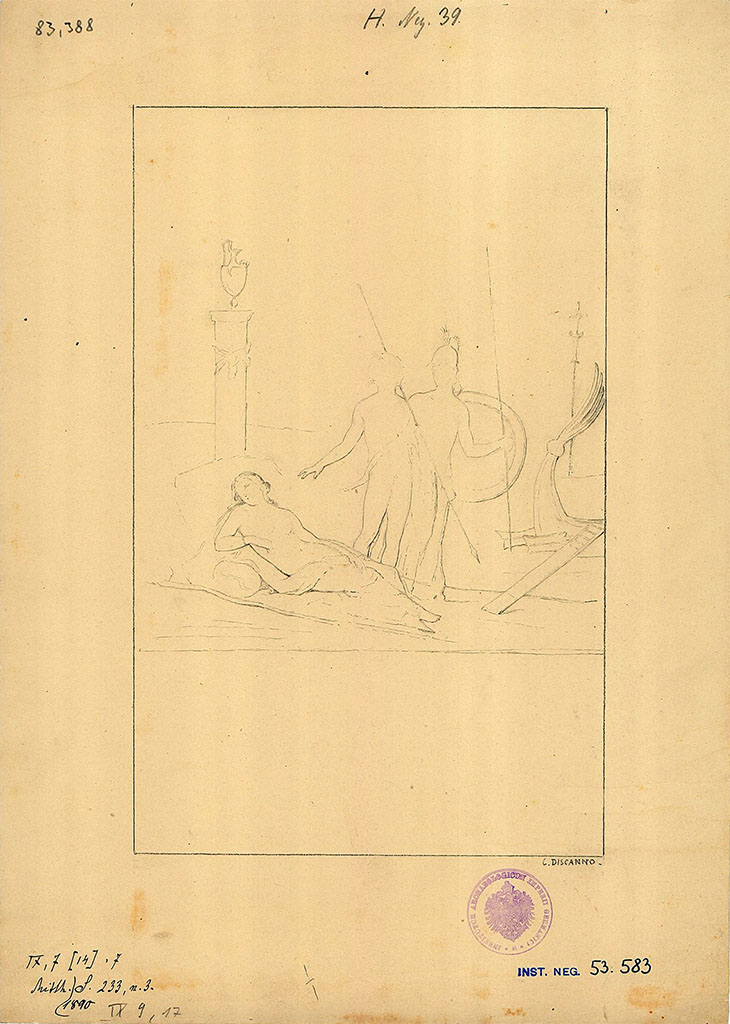 IX.9.d Pompeii. Drawing by Discanno of painting of Theseus abandoning Ariadne, found on the left wall of the triclinium l.
DAIR 83.388. Photo © Deutsches Archäologisches Institut, Abteilung Rom, Arkiv.
