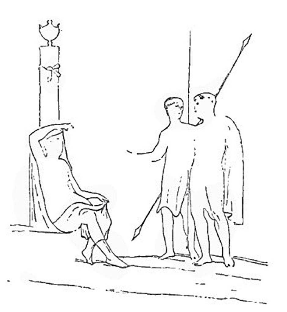 IX.9.d Pompeii. Sketch of painting of unidentified subject, found on the left wall of the triclinium l.
See Mau, A., 1890. Mitteilungen des Kaiserlich Deutschen Archaeologischen Instituts, Roemische Abtheilung Volume V. (p. 232-3).
Note: The insula is referred to as IX.7.