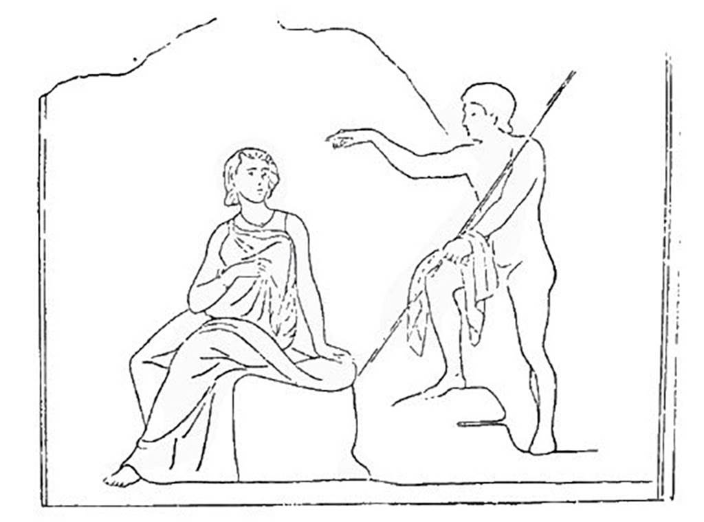 IX.9.d Pompeii. Sketch of painting of Io and Argo, found on the entrance wall in the triclinium l.
See Mau, A., 1890. Mitteilungen des Kaiserlich Deutschen Archaeologischen Instituts, Roemische Abtheilung Volume V. (p. 234).
Note: The insula is referred to as IX.7.