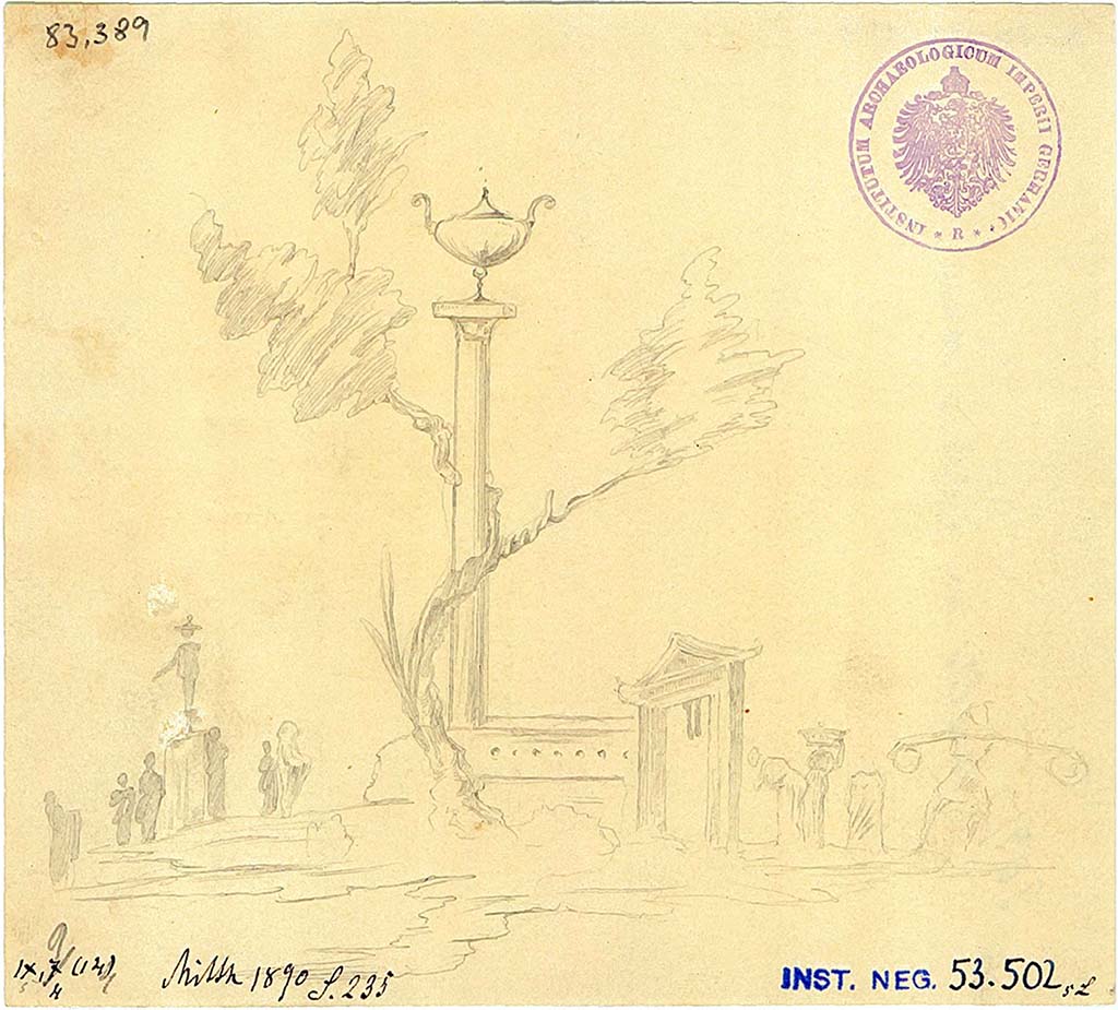 IX.9.d Pompeii. Room k. West wall. Drawing of sacred landscape painting with a sacred portal and a tree entwined round a column with an urn at its top.
On the right is a group of travellers including a woman with a basket and a man carrying a balanced load.
On the left is a group of offerants around a statue.
DAIR 83.389. Photo © Deutsches Archäologisches Institut, Abteilung Rom, Arkiv.
See Schefold, K., 1957. Die Wände Pompejis. Berlin: De Gruyter, p. 283.
See Carratelli, G. P., 1990-2003. Pompei: Pitture e Mosaici: Vol. X. Roma: Istituto della enciclopedia italiana, p. 83 no. 27.