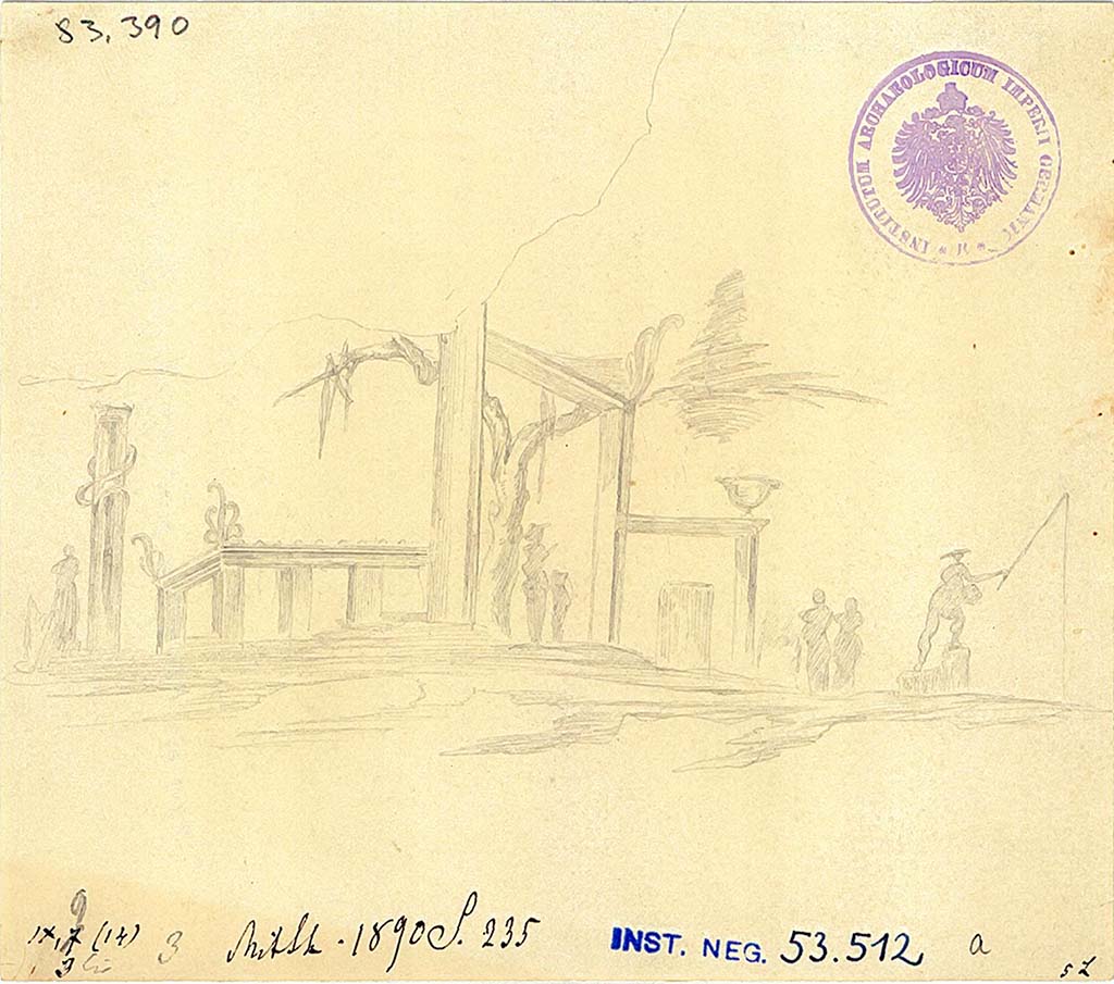 IX.9.d Pompeii. Room k. South wall. Drawing of sacred landscape painting of a large sacred portal leading into an enclosure with a palm tree.
DAIR 83.390. Photo © Deutsches Archäologisches Institut, Abteilung Rom, Arkiv.
See Schefold, K., 1957. Die Wände Pompejis. Berlin: De Gruyter, p. 283.
See Carratelli, G. P., 1990-2003. Pompei: Pitture e Mosaici: Vol. X. Roma: Istituto della enciclopedia italiana, p. 81, no. 25.