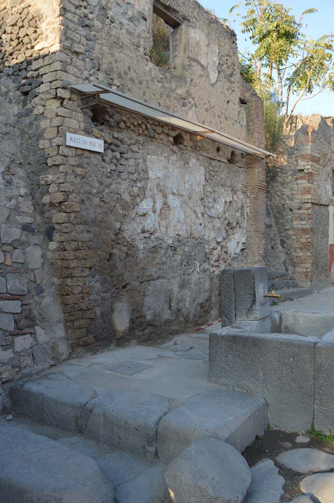 IX.11.1 Pompeii. October 2017.
Looking north-east towards front façade of house on west side of entrance doorway, with steps.
House with street shrine and fountain outside.
Foto Taylor Lauritsen, ERC Grant 681269 DÉCOR.