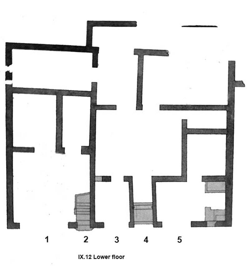IX.12.1-5 Pompeii. Plan of lower floor and entrances after Spinazzola.
See Spinazzola V., 1953. Pompei alla luce degli Scavi Nuovi di Via dell’Abbondanza (anni 1910-1923). Roma: La Libreria della Stato, fig. 680.