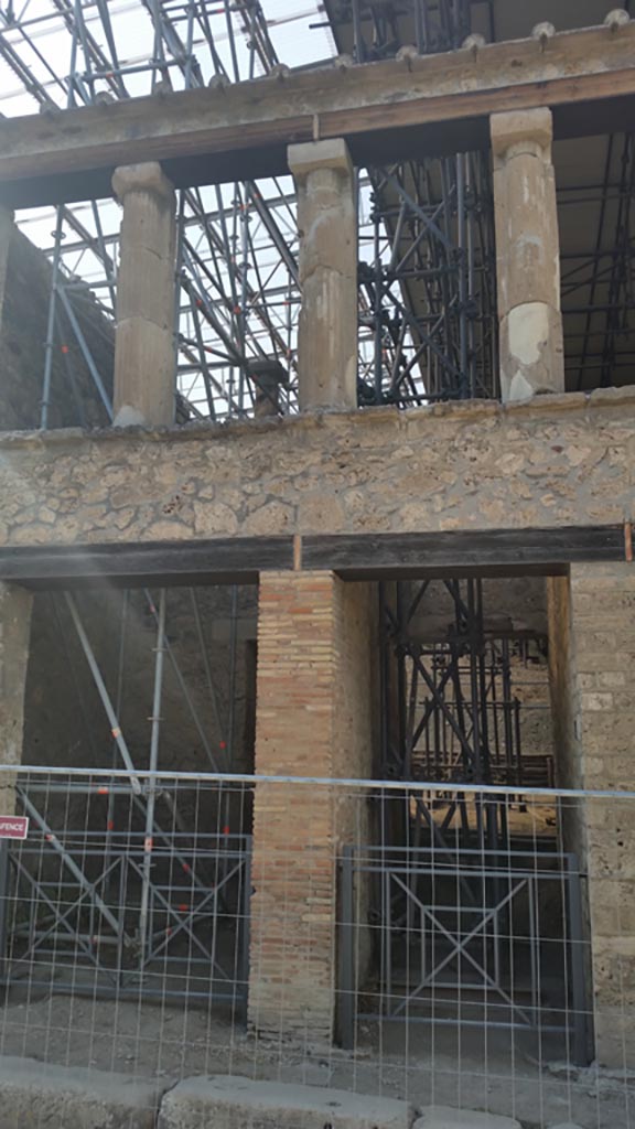 IX.12.4 Pompeii, on right. August 2023.
Front façade, with entrance at IX.12.3, on left. Photo courtesy of Maribel Velasco.