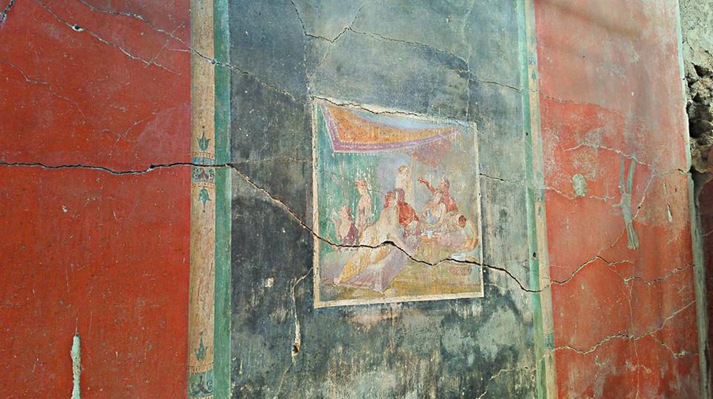 IX.12.6 Pompeii. 2016/2017. Room “m”, centre of north wall. Painting of banqueting scene. Photo courtesy of Giuseppe Ciaramella.