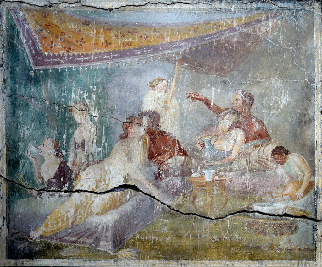 IX.12.6 Pompeii. February 2017. 
Room “m”, painting of banqueting scene from north wall of triclinium. Photo courtesy of Johannes Eber.

