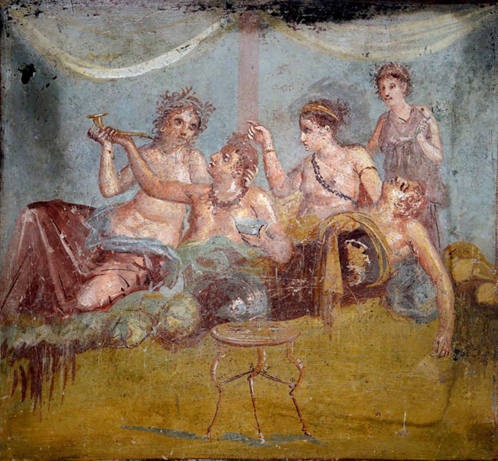 IX.12.6 Pompeii. February 2017. 
Room “m”, painting of banqueting scene in centre of east wall of triclinium. Photo courtesy of Johannes Eber.

