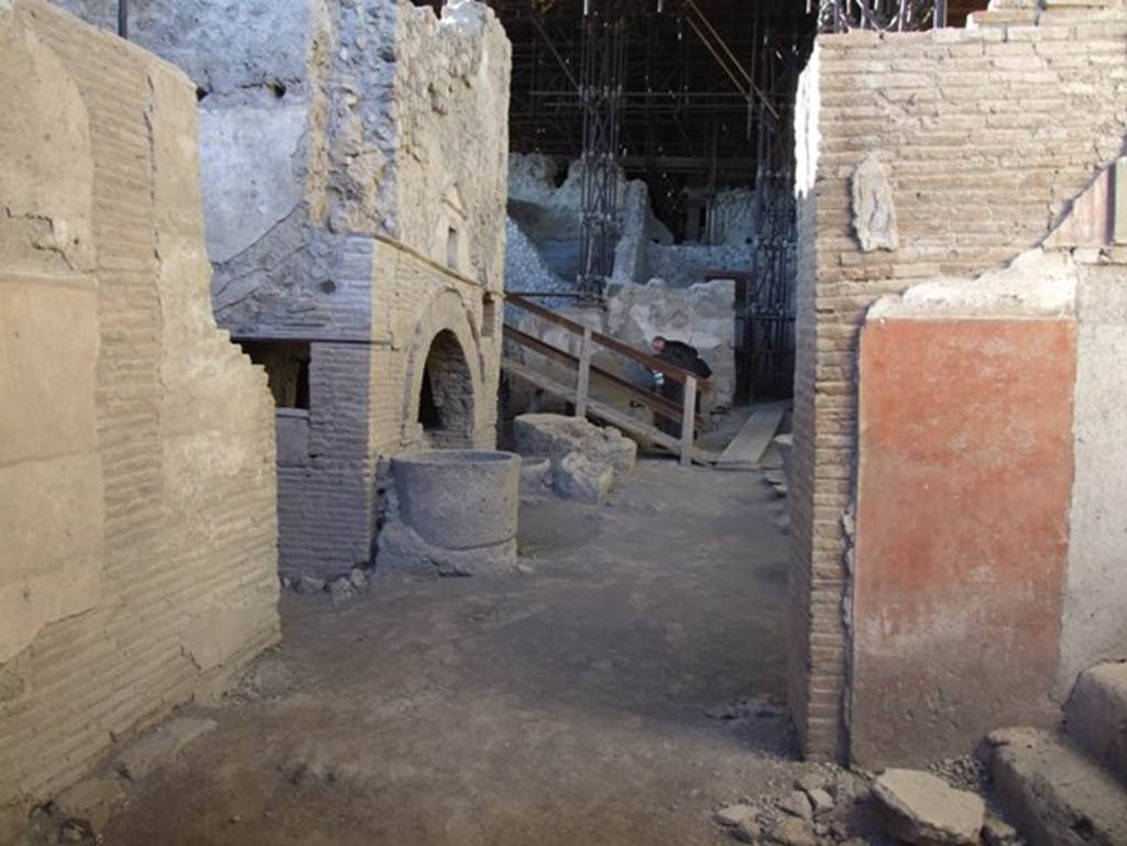 IX.12.6 Pompeii. March 2009. Room “b”, looking north to bakery with oven “d” in room “e”, and across into room “f”.