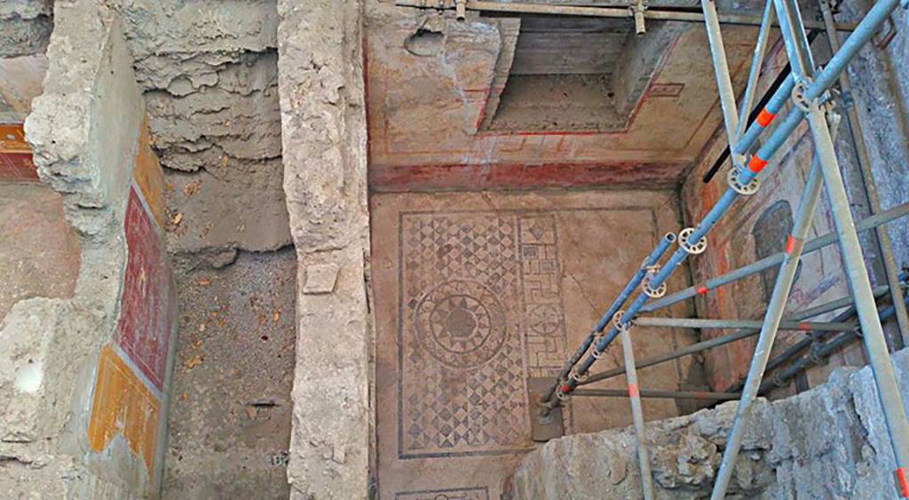 IX.12.B Pompeii. 2016/2017. Room 9, north wall, left, and room 8, with mosaic floor. Photo courtesy of Giuseppe Ciaramella.