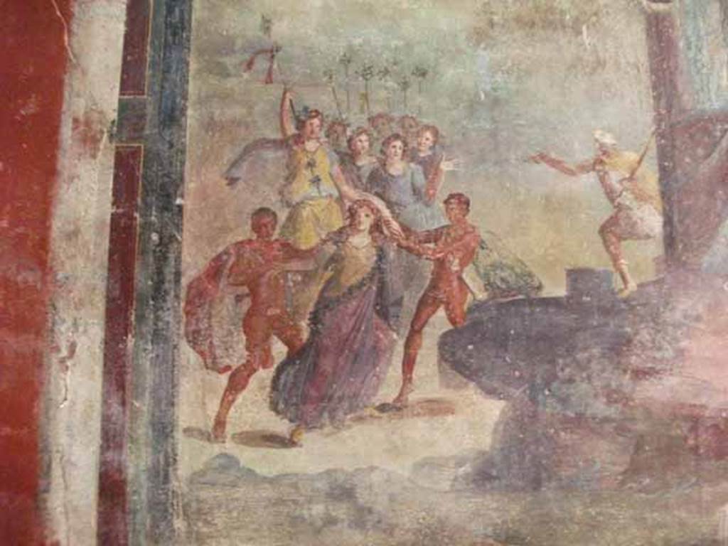IX.13.1-3 Pompeii. May 2010. Room 13, detail from wall painting of Punishment of Dirce.