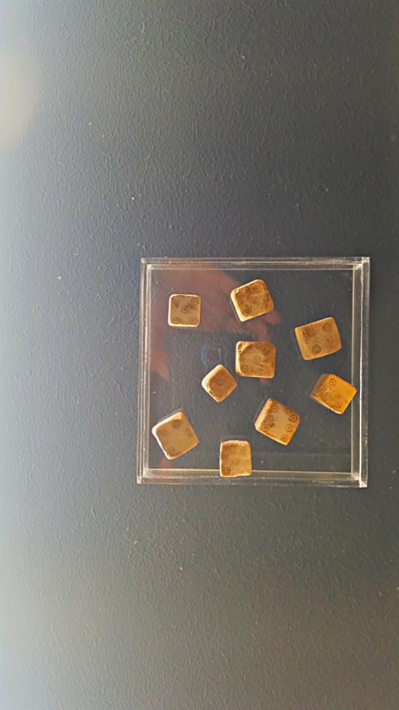 IX.13.1-3 Pompeii. December 2019. Detail of playing dice from exhibition. 
Photographed at exhibition entitled “The furnishings of the House of Julius Polybius”. Photo courtesy of Giuseppe Ciaramella.
