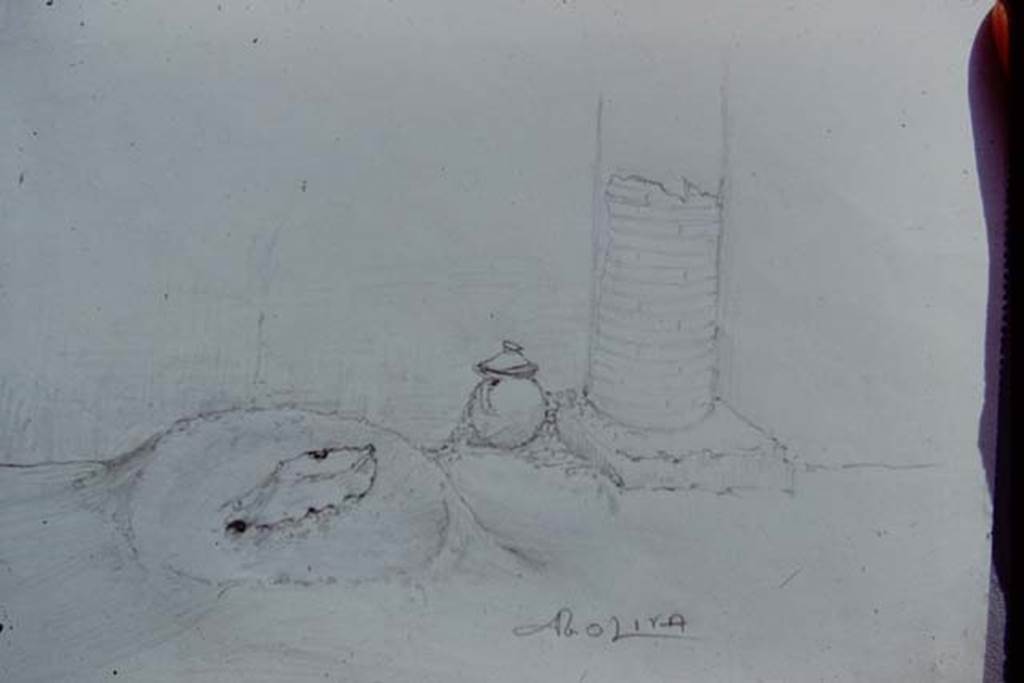 IX.13.1-3 Pompeii, 1973. Sketch by Dr. Oliva. Photo by Stanley A. Jashemski. 
Source: The Wilhelmina and Stanley A. Jashemski archive in the University of Maryland Library, Special Collections (See collection page) and made available under the Creative Commons Attribution-Non Commercial License v.4. See Licence and use details. J73f0783
