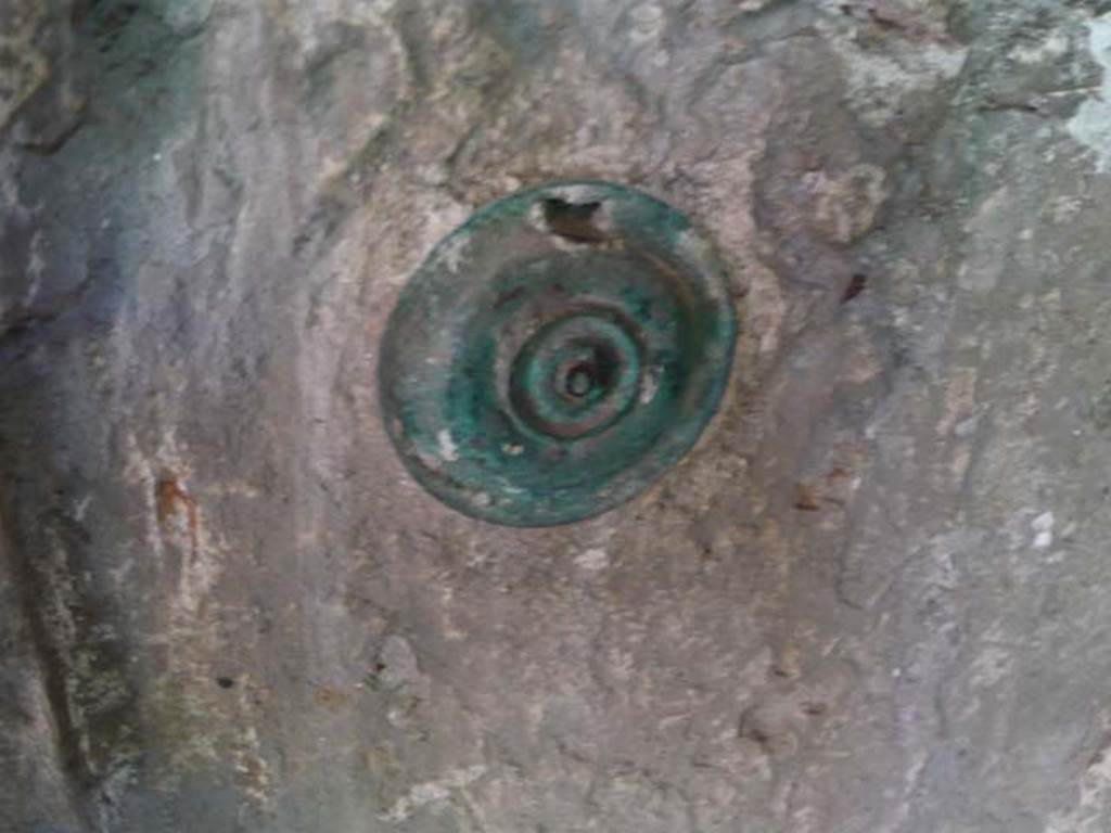 IX.13.1-3 Pompeii. May 2012. Detail from front surface of plaster cast of cupboard.
Photo courtesy of Buzz Ferebee.