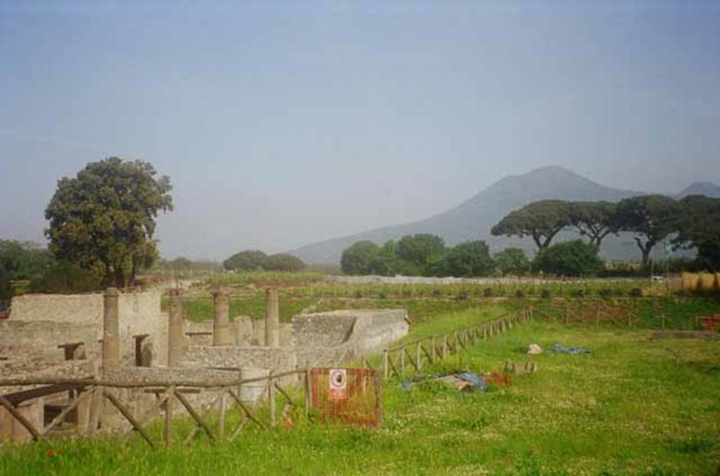 IX.14.4 Pompeii. May 2010. Looking north-west across columns in atrium B, and unexcavated III.8. Photo courtesy of Rick Bauer.