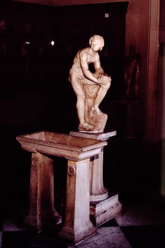 IX.14.4 Pompeii. 1964. Marble basin and satyr fountain statue from impluvium in atrium. Photo by Stanley A. Jashemski.
Source: The Wilhelmina and Stanley A. Jashemski archive in the University of Maryland Library, Special Collections (See collection page) and made available under the Creative Commons Attribution-Non Commercial License v.4. See Licence and use details. J64f1771

