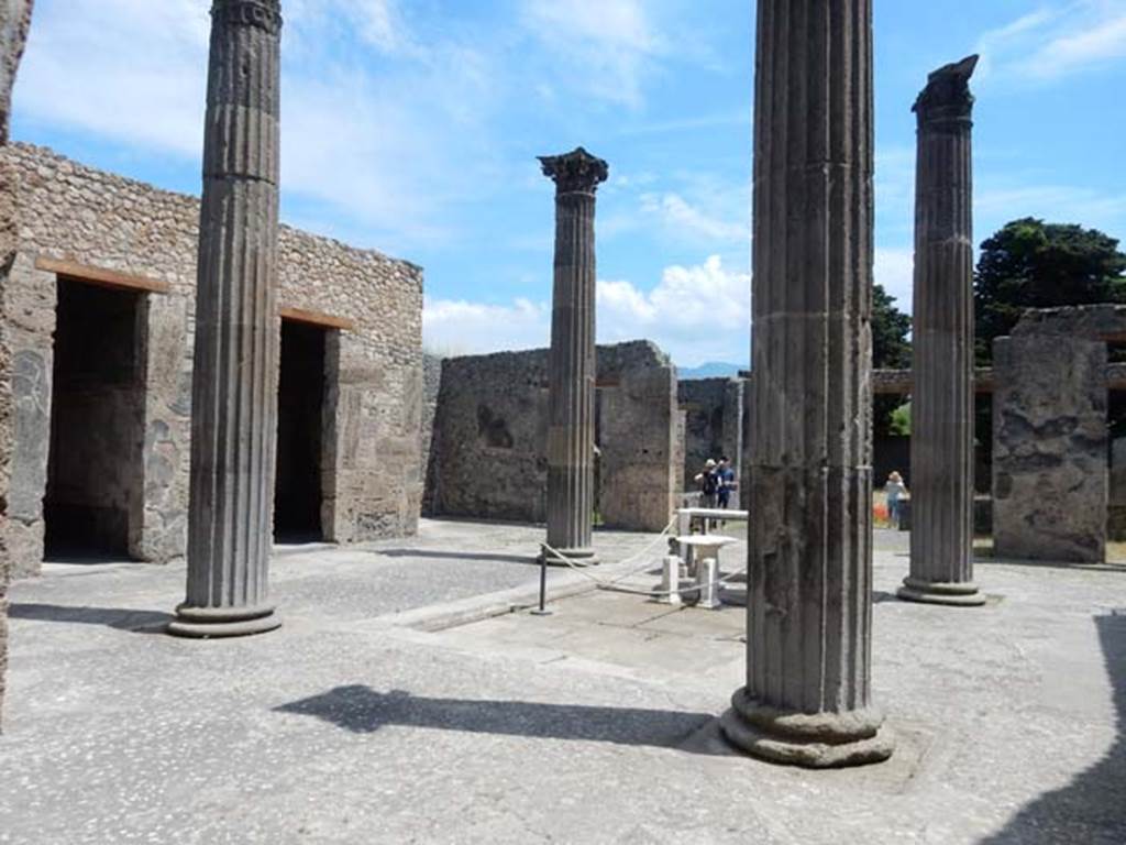 IX.14.4 Pompeii. May 2017. 
Looking south-east across atrium towards doorways to rooms E, F and east ala G. Photo courtesy of Buzz Ferebee.

