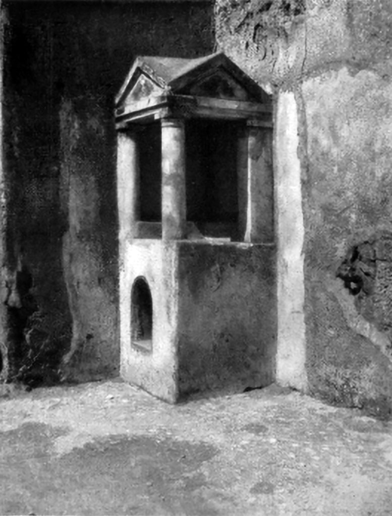 IX.14.4 Pompeii. 1930s photo by Tatiana Warscher. Aedicula household lararium shrine 32 in atrium.
See Boyce G. K., 1937. Corpus of the Lararia of Pompeii. Rome: MAAR 14. (p. 30, no. 67 and Pl.29, 3).
