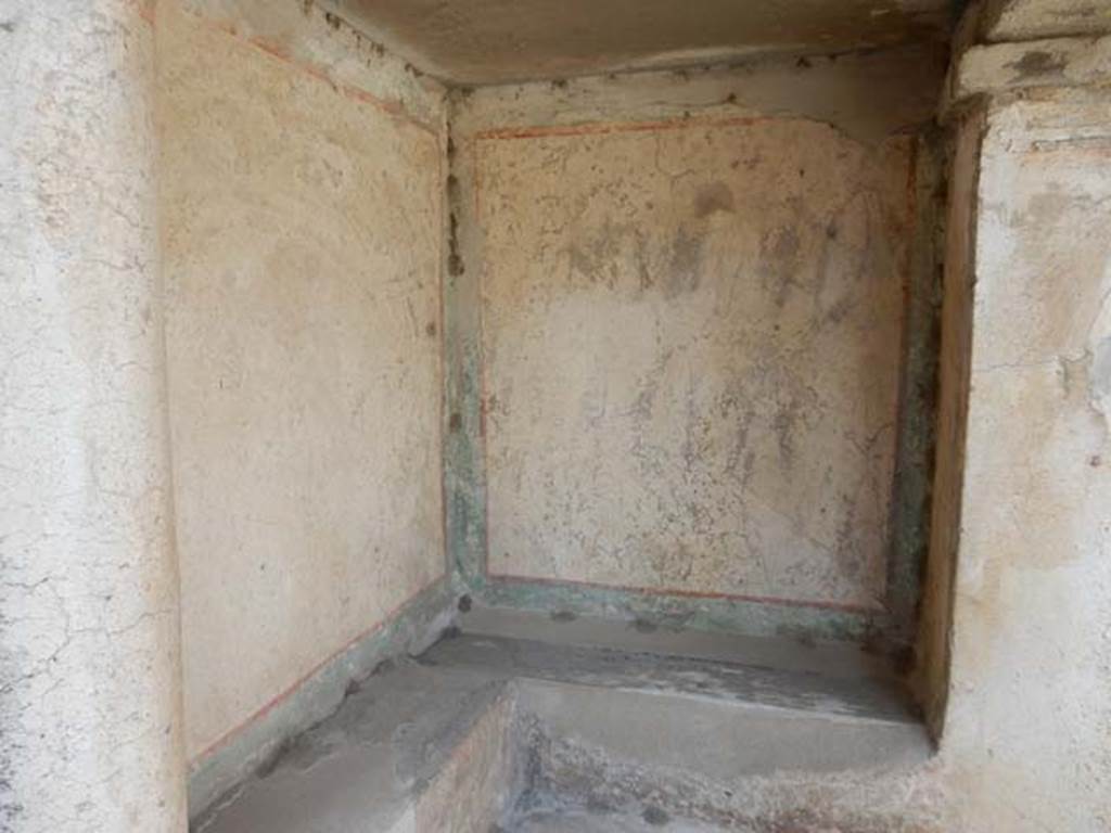 IX.14.4 Pompeii. May 2017. Household lararium shrine 32, detail of rear walls.
Photo courtesy of Buzz Ferebee.