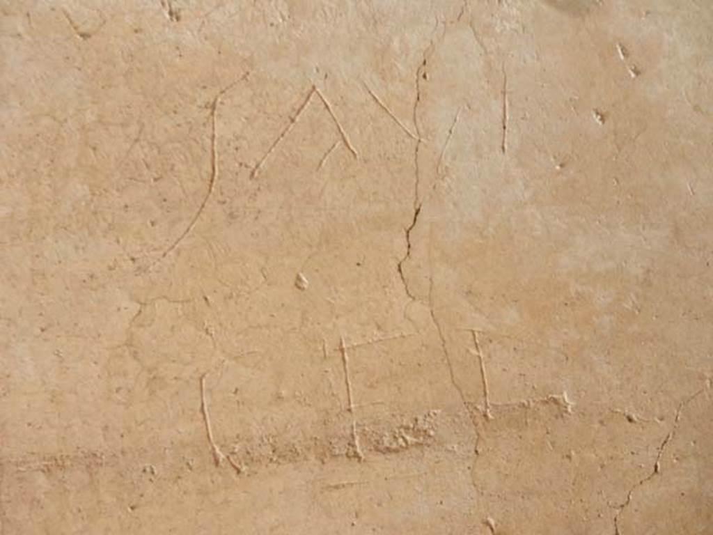 IX.14.4 Pompeii. May 2017. Graffiti under the staircase on north side of peristyle.
These read Sauf(ei) and Cei.
Photo courtesy of Buzz Ferebee.