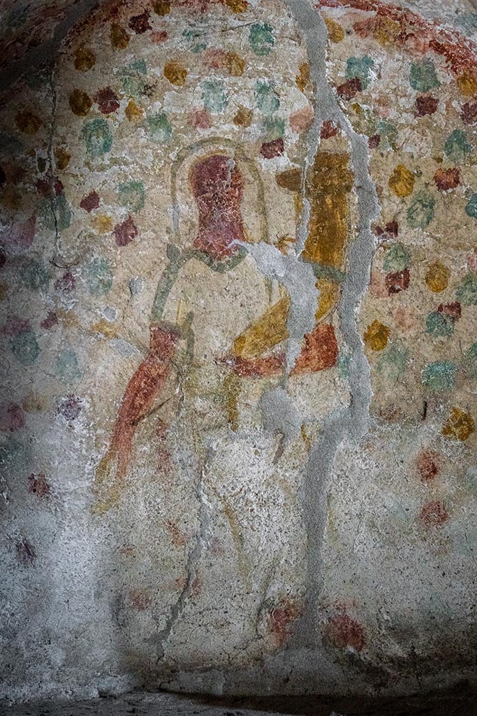 IX.14.4 Pompeii. July 2024. 
Room 18, detail of painting of figure of Genius holding a cornucopia. Photo courtesy of Johannes Eber.
