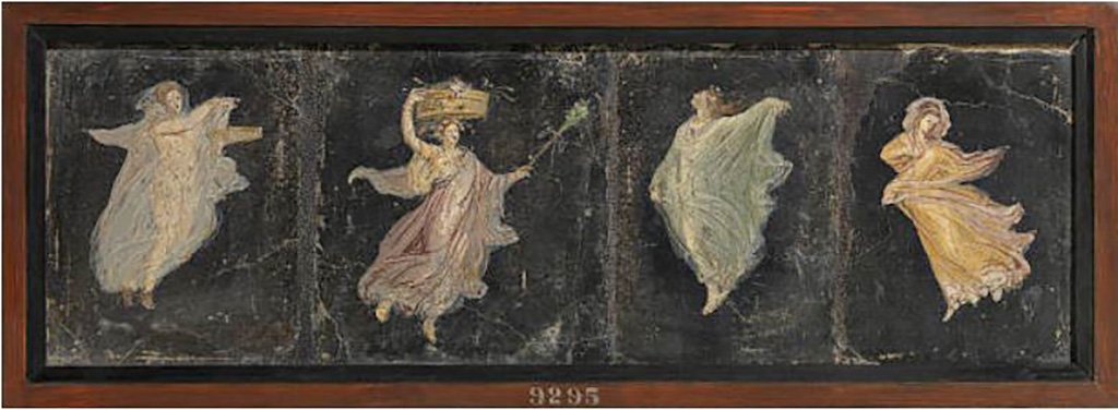HGW06 Pompeii. Found in triclinium on 25th May 1748. Wall painting of flying female figures, also described as Dancers.
Now in Naples Archaeological Museum. Inventory number 9295.