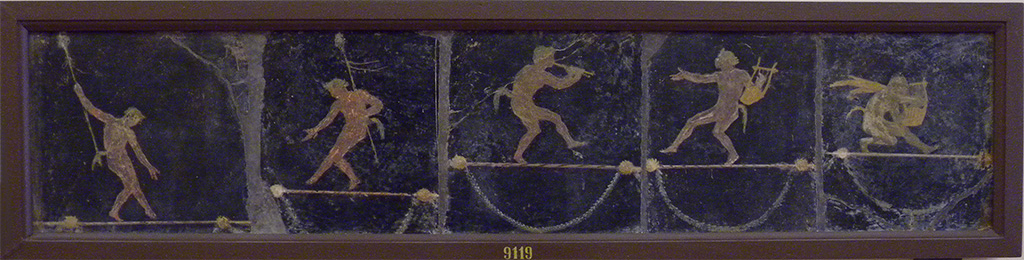 HGW06 Pompeii. Found in triclinium on 18 January 1749.
Wall painting of acrobatic Satyrs with Thyrsi and musical instruments.
Now in Naples Archaeological Museum. Inventory number 9119.