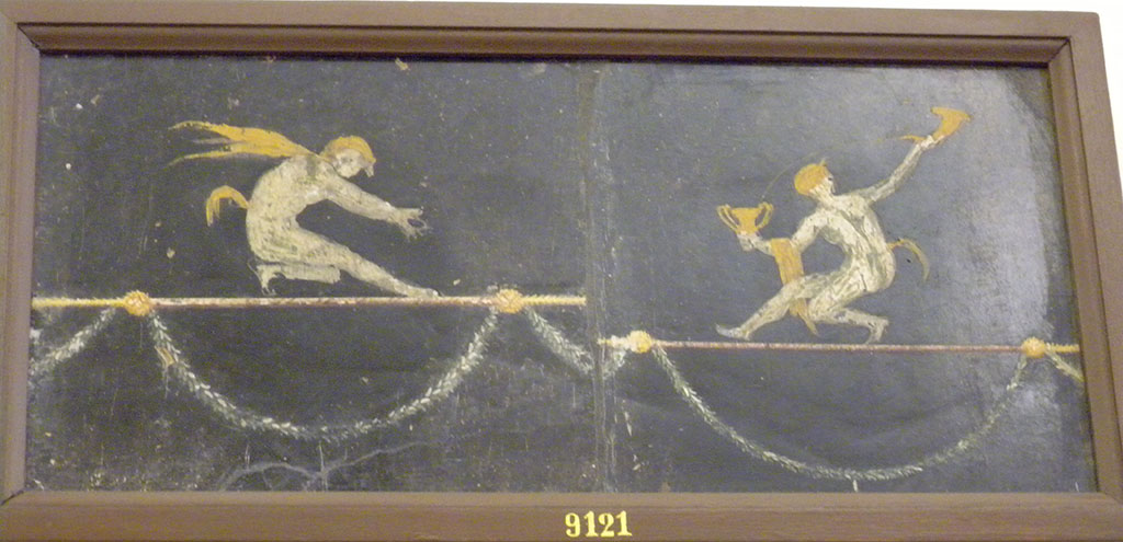 HGW06 Pompeii. Found in triclinium on 18 January 1749. Two acrobatic Satyrs.
Now in Naples Archaeological Museum. Inventory number 9121.