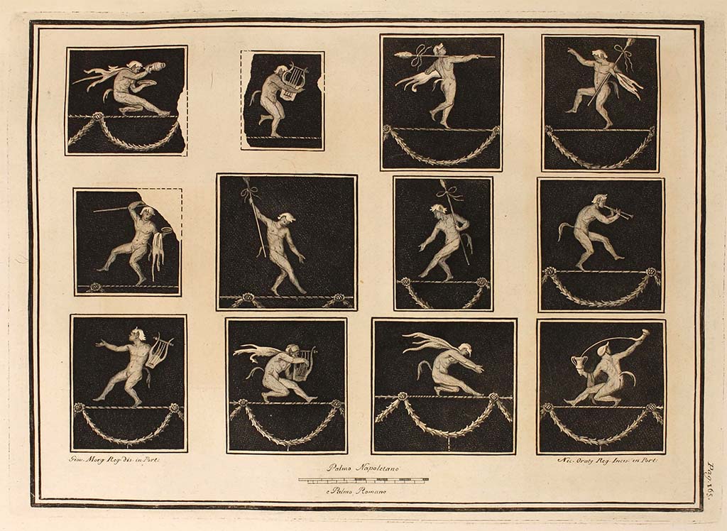 HGW06 Pompeii. Villa of Cicero, Pompeii. 1762 drawings of twelve acrobatic satyrs now in Naples Museum.
Top row: MANN 9118, 9118, 9118, 9118.
Middle row: 9118, 9119, 9119, 9119.
Bottom row: 9119, 9119, 9121, 9121.
See Antichità di Ercolano: Tomo Terzo: Le Pitture 3, 1762, Tav. XXXIII, p. 165.