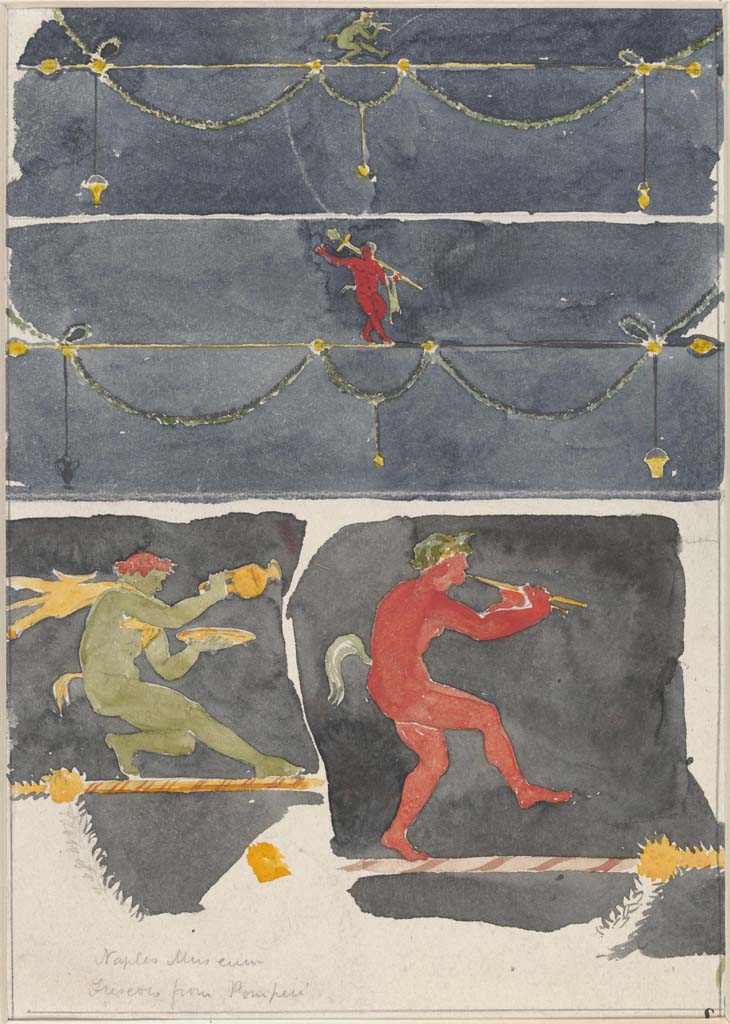 HGW06 Pompeii. c.1870’s. Painting by Sydney Vacher of fragments depicting satyrs on a tightrope painted in the Naples Museum.
Photo © Victoria and Albert Museum, inventory number E.4438-1910.
Top is from MANN 9163
Below it is from MANN 9164.
Bottom left is from MANN 9118 and right from MANN 9119.