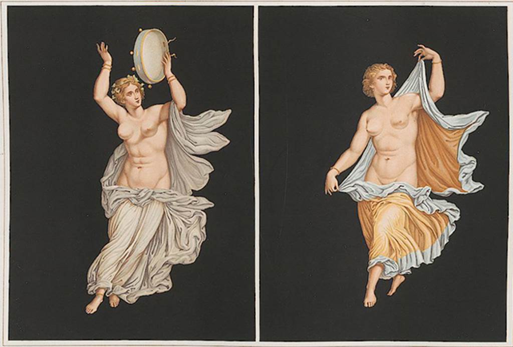 HGW06 Pompeii. 1862 painting of floating figures found in one of the Villa rooms.
See Niccolini F, 1862. Le case ed i monumenti di Pompei: Volume Secondo. Napoli. Tavolo V.
These match the third figure from the right and the third figure from the left in Naples Archaeological Museum, inventory number 9297.