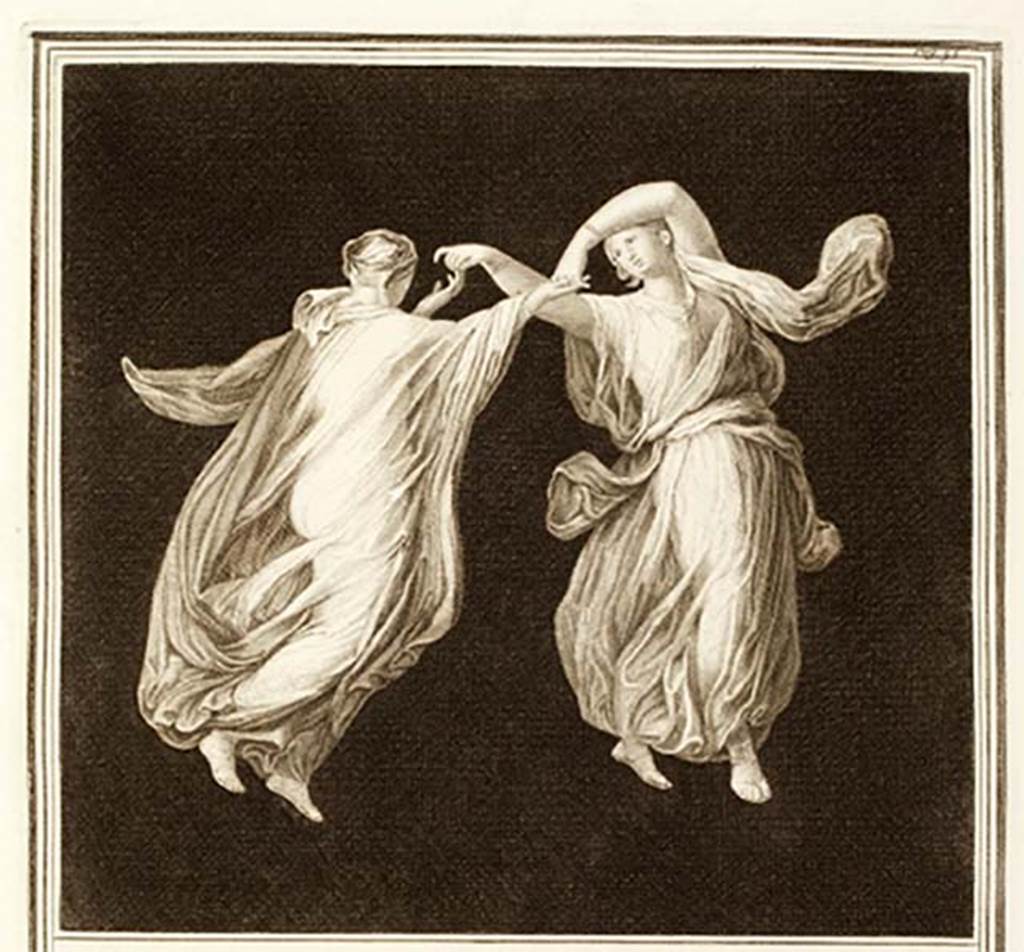 HGW06 Pompeii. Two Maenads.
These match the central figures on the group now in Naples Archaeological Museum. Inventory number 9297.
See Antichità di Ercolano: Tomo Primo: Le Pitture 1, 1757, p. 95, Tav. XVII.