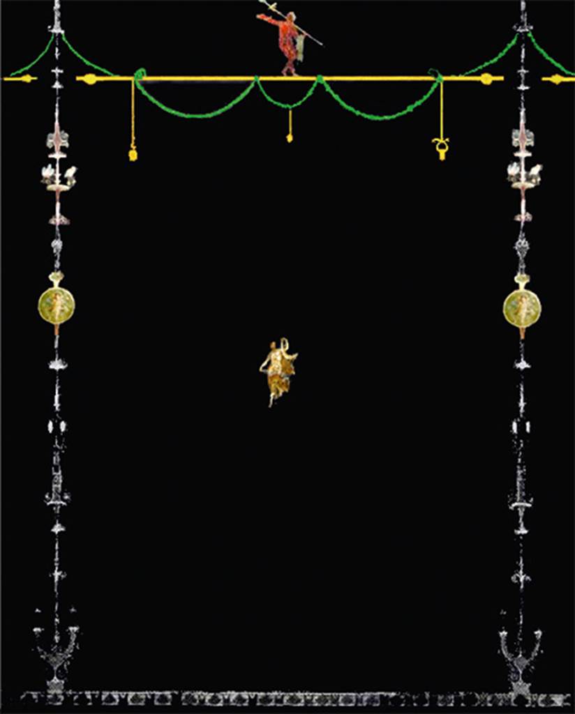 HGW06 Pompeii. Villa Cicero triclinium wall reconstruction. Based on Herrmann's drawing 1904-1931, with graphic reworking of R. Cirillo.
See Herrmann P., 1904-1931. Denkmäler der Malerei des Altertums: Serie I. München: Bruckmann, fig. 34.
See Ciardello R., La ricostruzione delle decorazioni dalla Villa di Cicerone a Pompei in AMOENITAS II, 2012, Roma, p. 142, fig. 9.